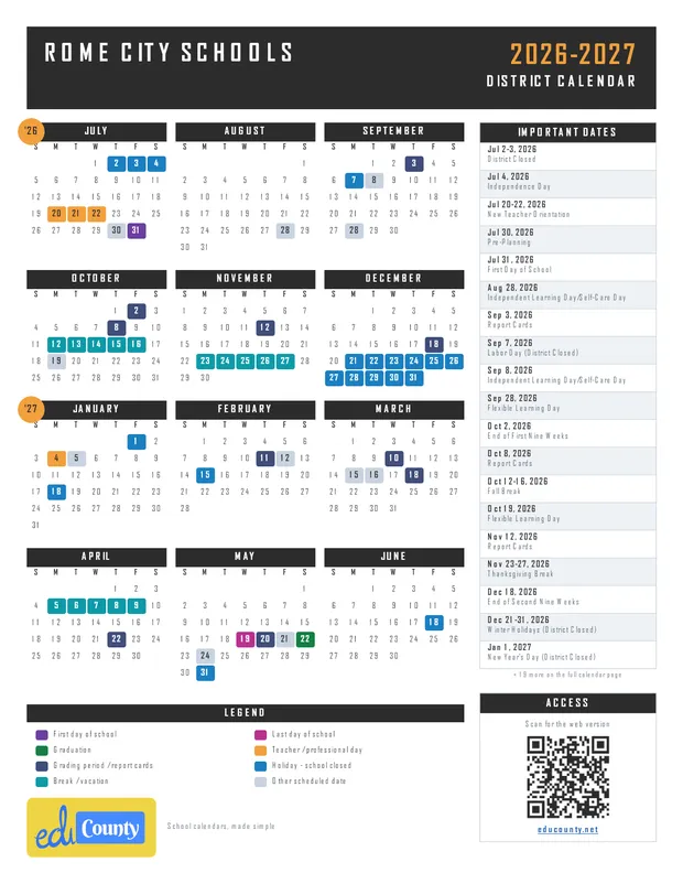 Rome City Schools printable 2026-27 calendar