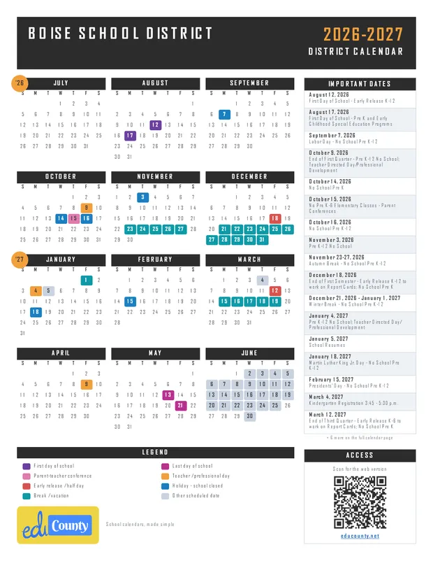 Boise School District printable 2026-27 calendar