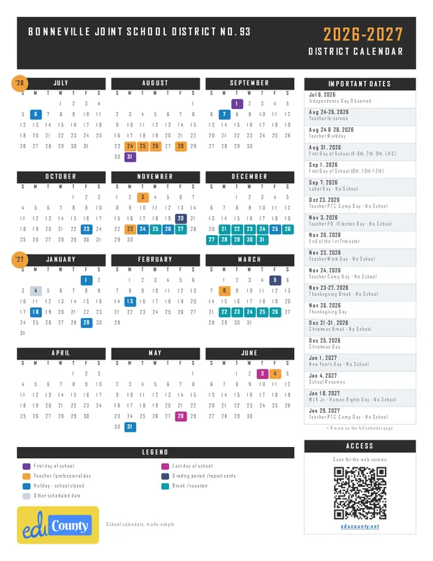 Bonneville Joint School District No. 93 printable 2026-27 calendar