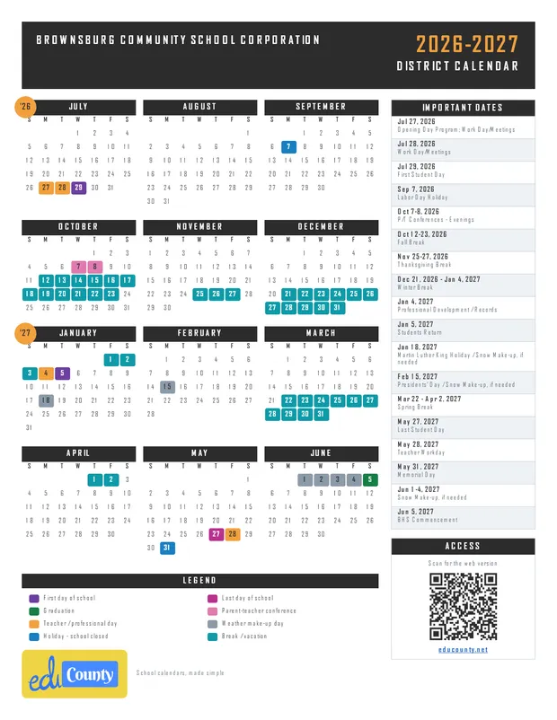 Brownsburg Community School Corporation printable 2026-27 calendar