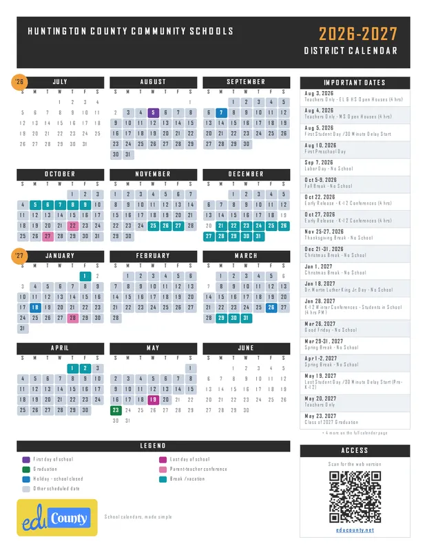 Huntington County Community Schools printable 2026-27 calendar