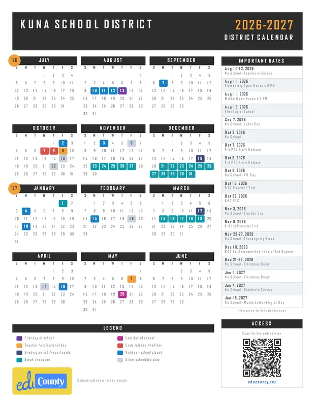 Kuna School District printable 2026-27 calendar