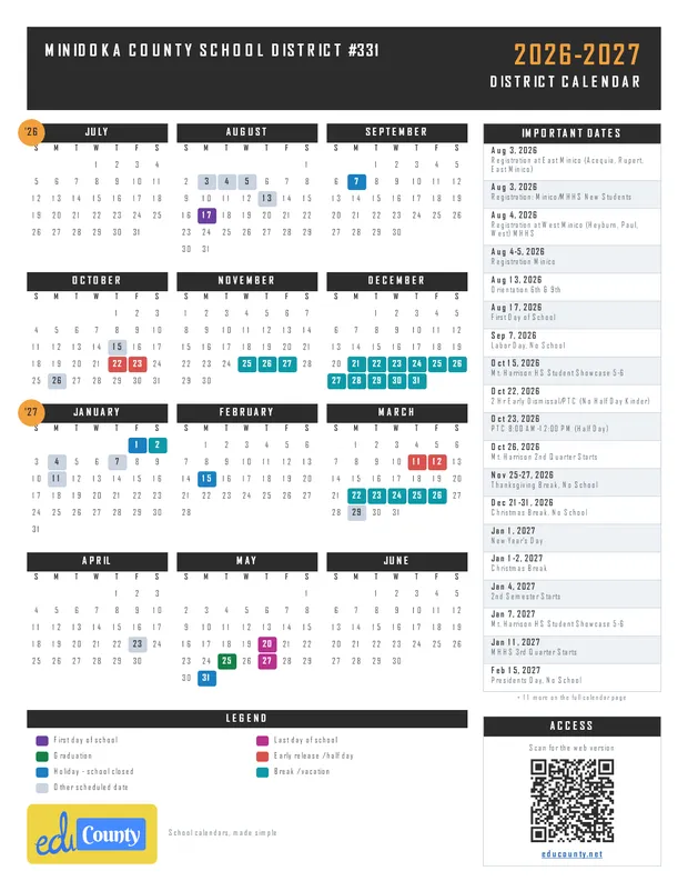 MINIDOKA COUNTY SCHOOL DISTRICT #331 printable 2026-27 calendar