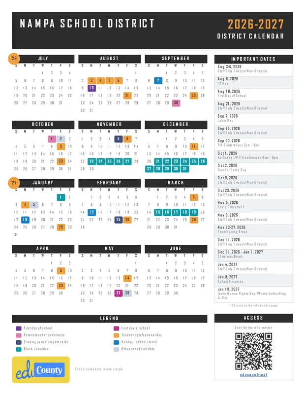 Nampa School District printable 2026-27 calendar