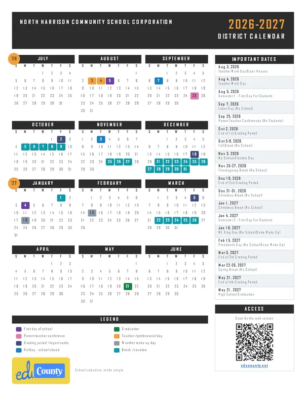 North Harrison Community School Corporation printable 2026-27 calendar