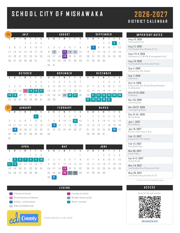 School City of Mishawaka printable 2026-27 calendar