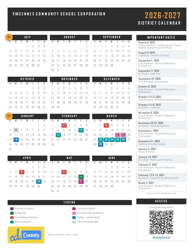 Vincennes Community School Corporation printable 2026-27 calendar
