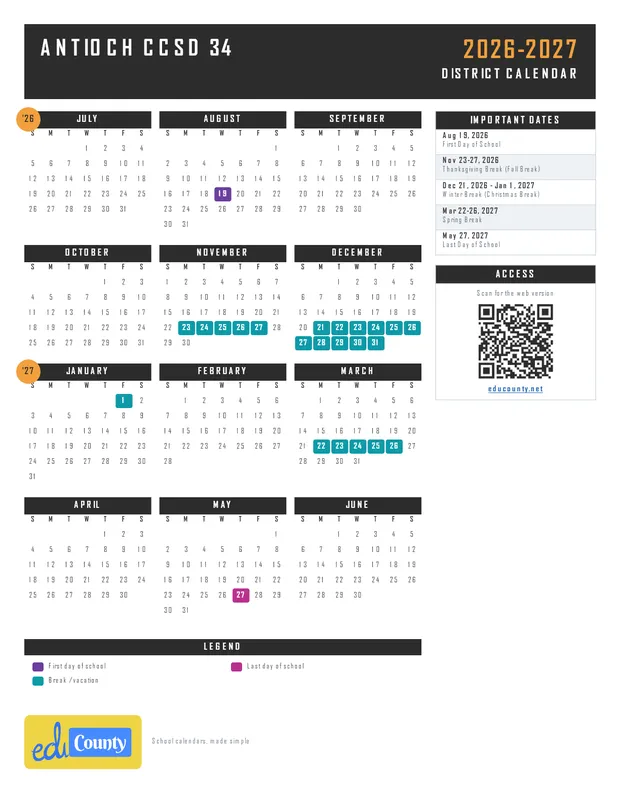 Antioch CCSD 34 printable 2026-27 calendar