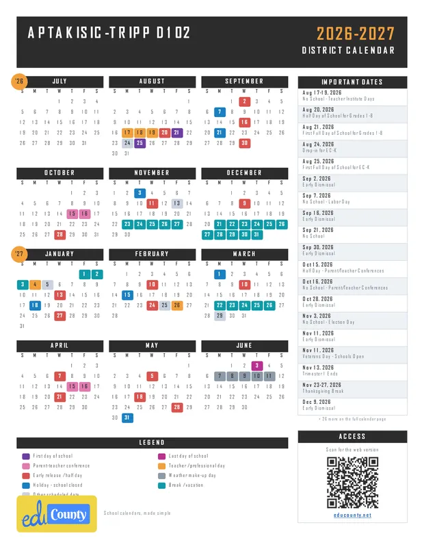 Aptakisic-Tripp D102 printable 2026-27 calendar