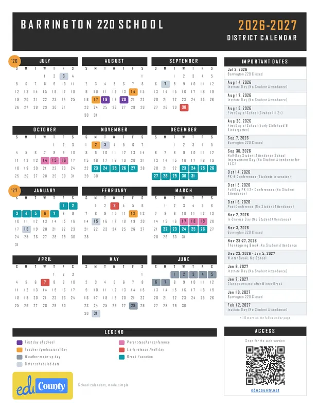 Barrington 220 School printable 2026-27 calendar