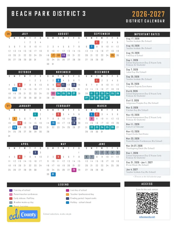Beach Park District 3 printable 2026-27 calendar