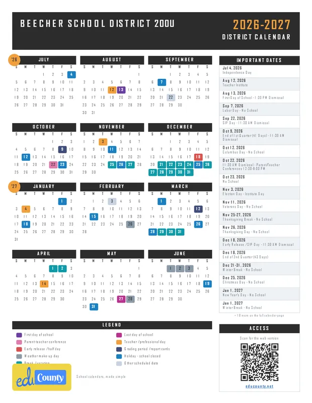 Beecher School District 200U printable 2026-27 calendar