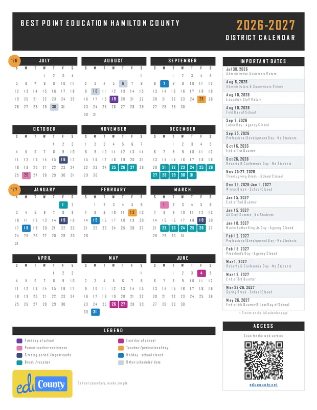 Best Point Education Hamilton County printable 2026-27 calendar