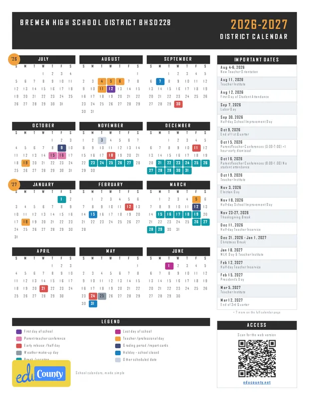 Bremen High School District bhsd228 printable 2026-27 calendar
