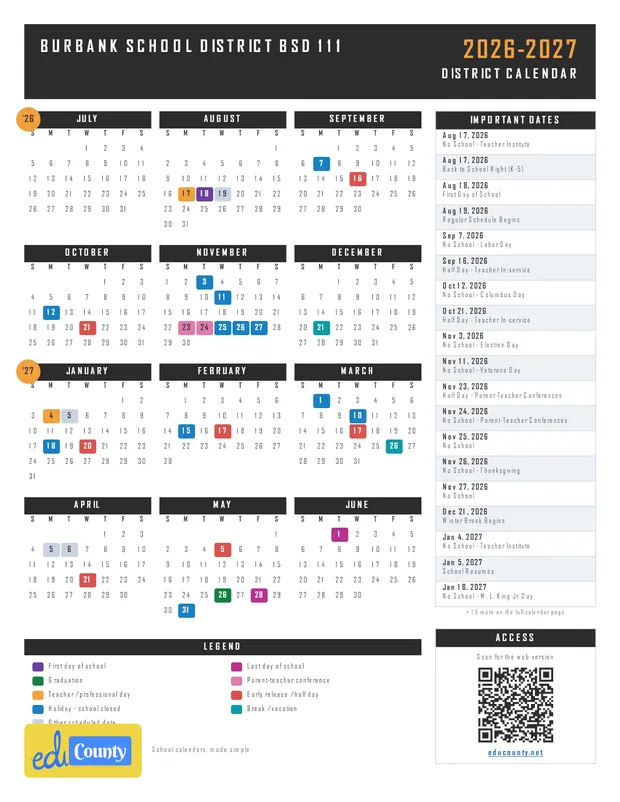 Burbank School District BSD 111 printable 2026-27 calendar