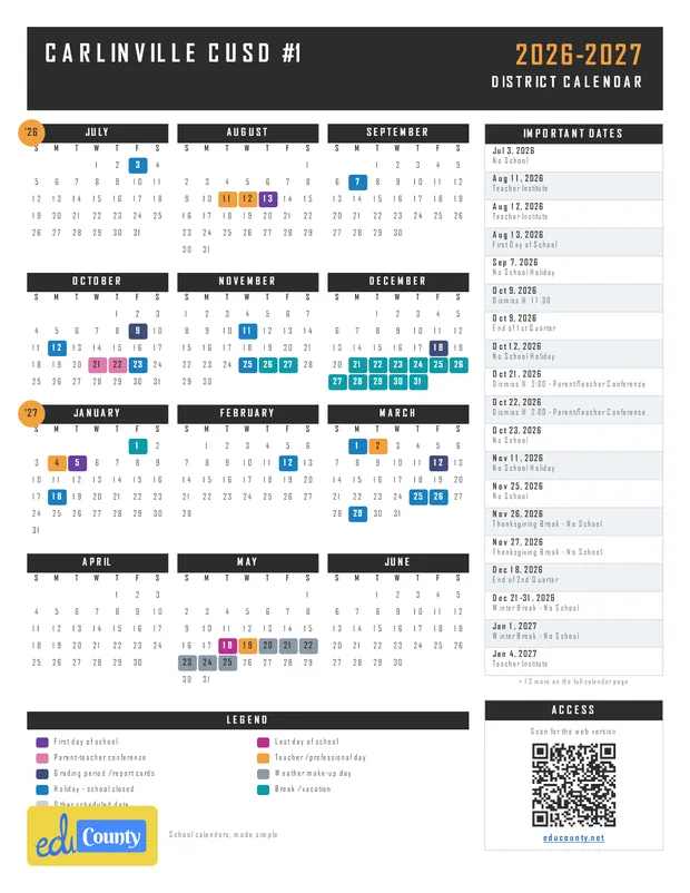 Carlinville CUSD #1 printable 2026-27 calendar