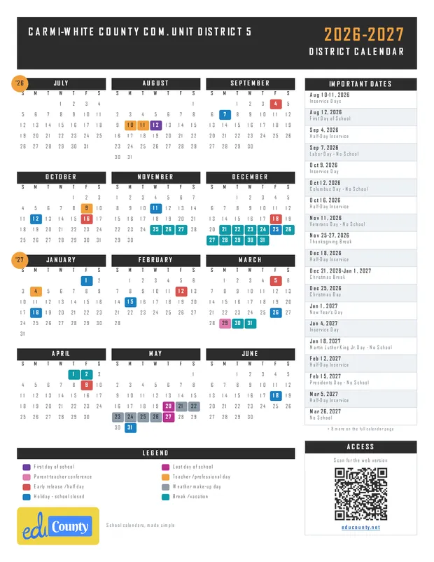 CARMI-WHITE COUNTY COM. UNIT DISTRICT 5 printable 2026-27 calendar