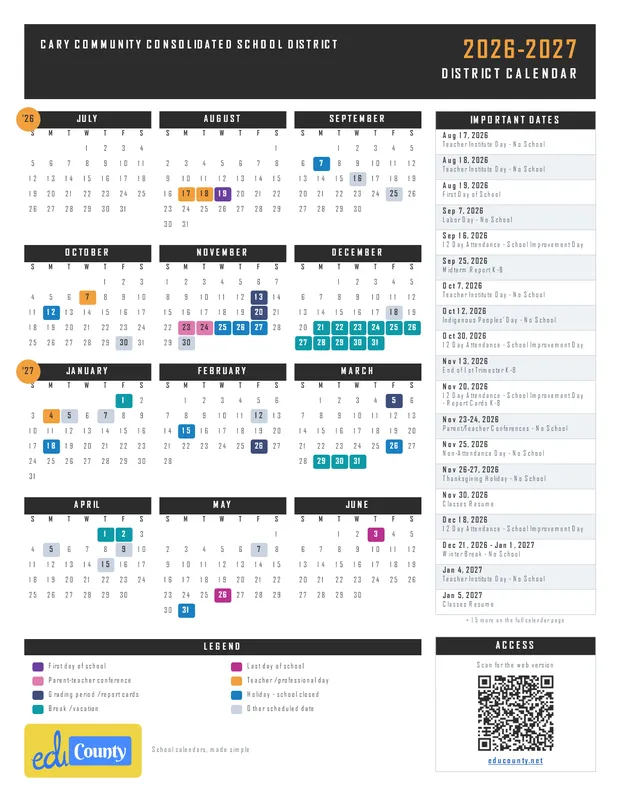 Cary Community Consolidated School District printable 2026-27 calendar