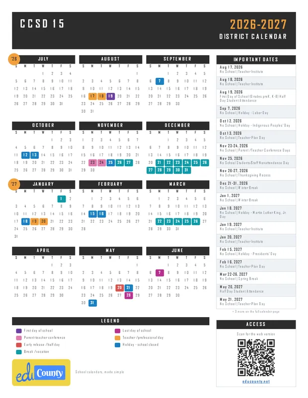 CCSD 15 printable 2026-27 calendar