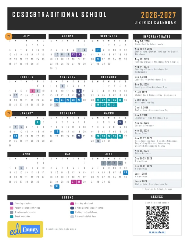 CCSD59 Traditional School printable 2026-27 calendar
