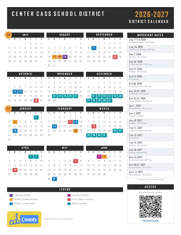 Center Cass School District printable 2026-27 calendar