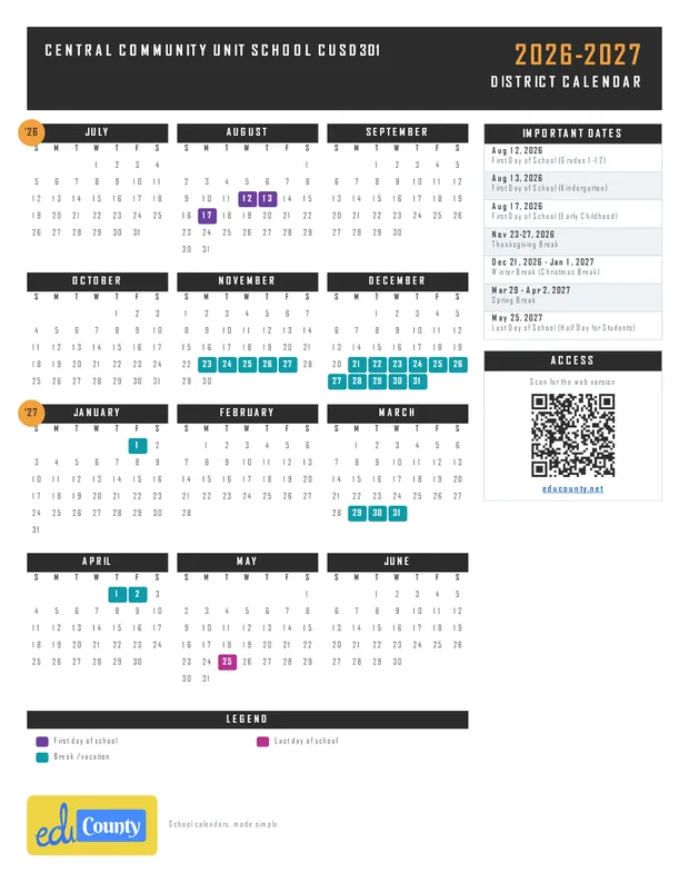 Central Community Unit School CUSD301 printable 2026-27 calendar