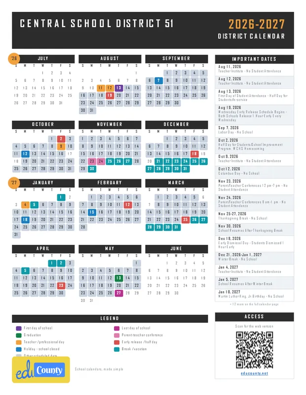 CENTRAL SCHOOL DISTRICT 51 printable 2026-27 calendar