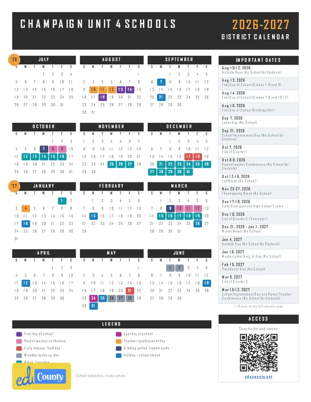 Champaign Unit 4 Schools printable 2026-27 calendar