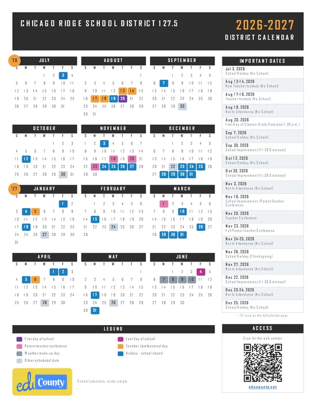 Chicago Ridge School District 127.5 printable 2026-27 calendar