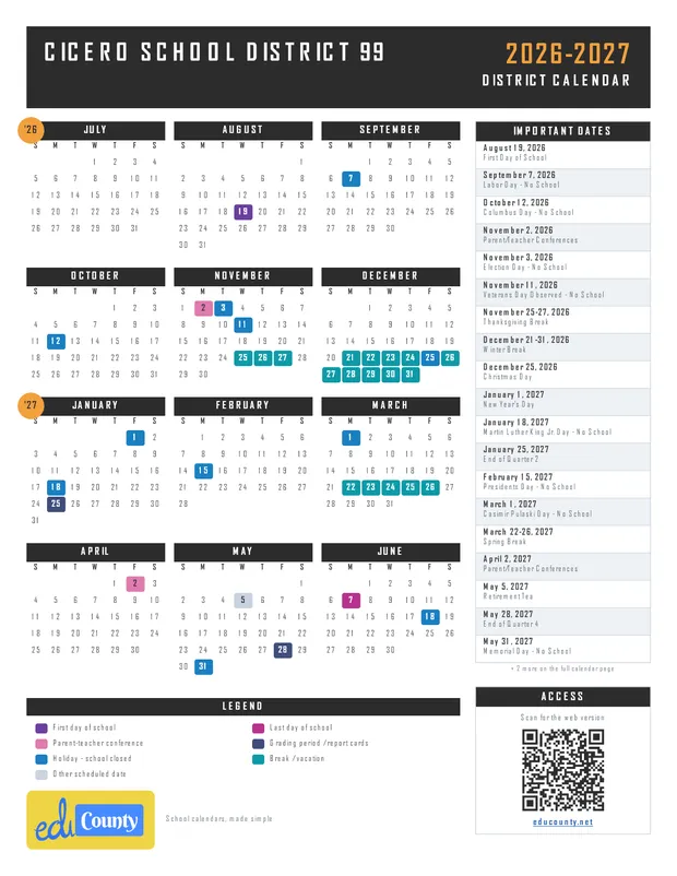 Cicero School District 99 printable 2026-27 calendar