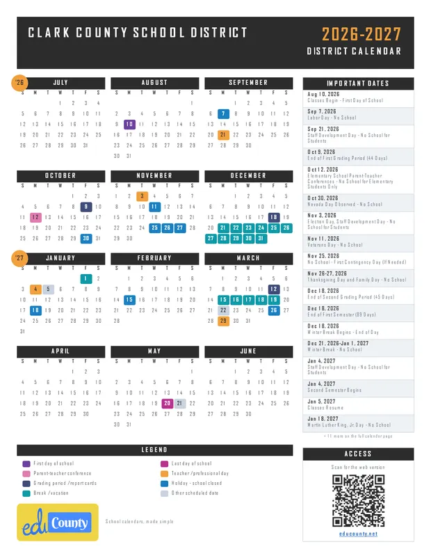 Clark County School District printable 2026-27 calendar