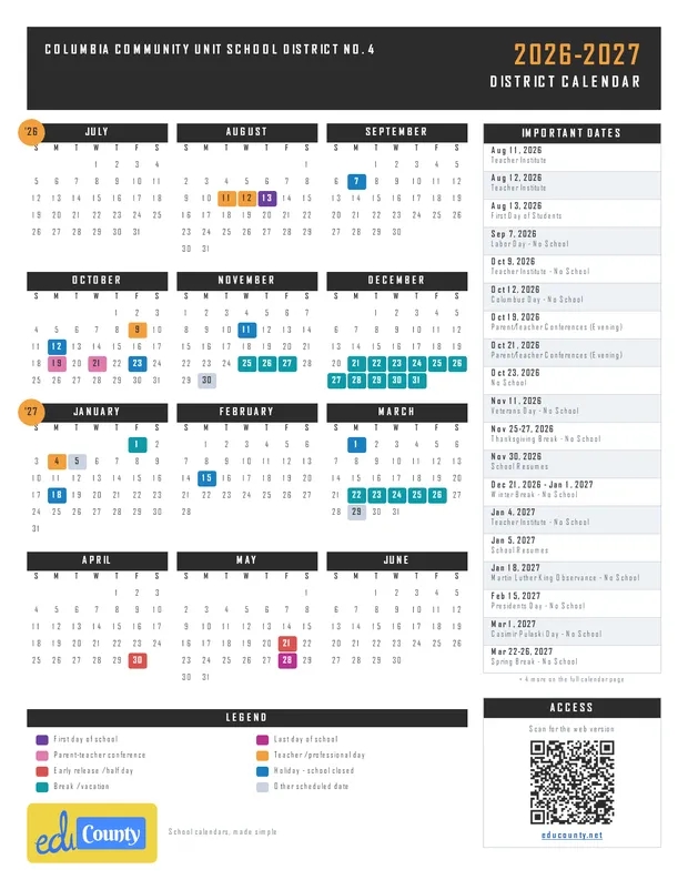 Columbia Community Unit School District No. 4 printable 2026-27 calendar