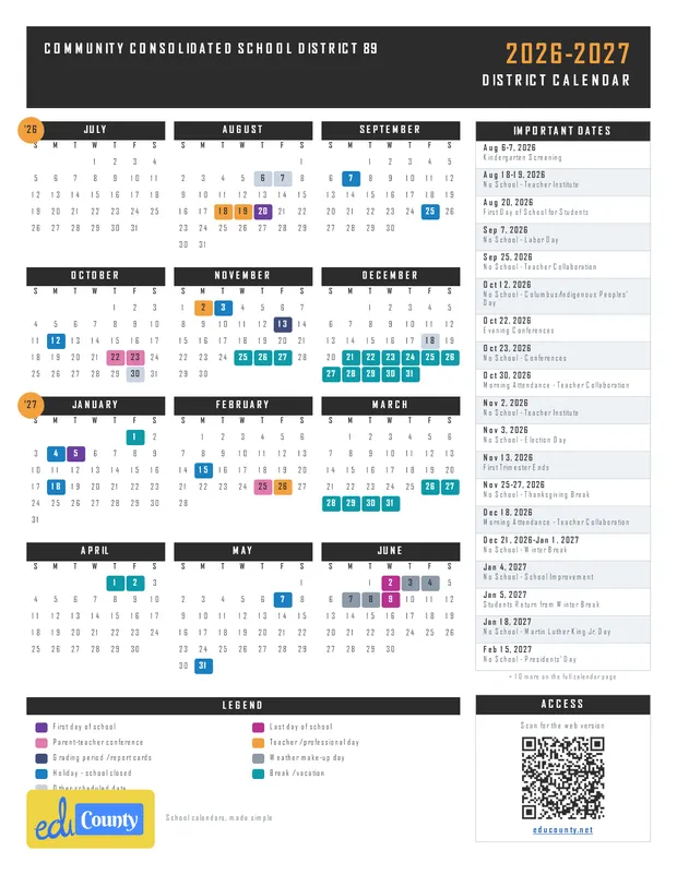 Community Consolidated School District 89 printable 2026-27 calendar