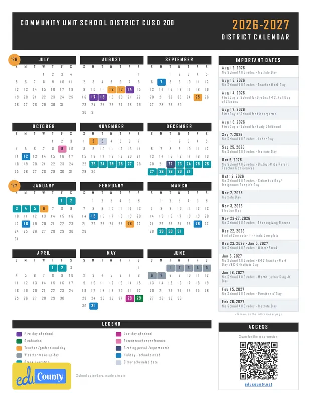 Community Unit School District CUSD 200 printable 2026-27 calendar