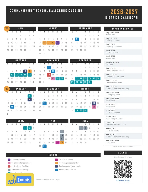 Community Unit School Galesburg CUSD 205 printable 2026-27 calendar
