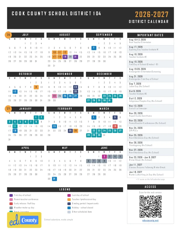Cook County School District 104 printable 2026-27 calendar