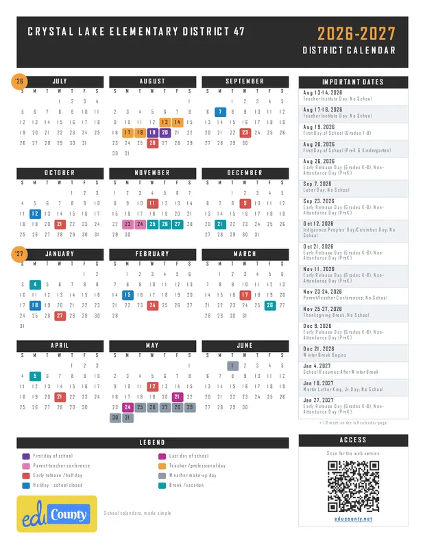 Crystal Lake Elementary District 47 printable 2026-27 calendar