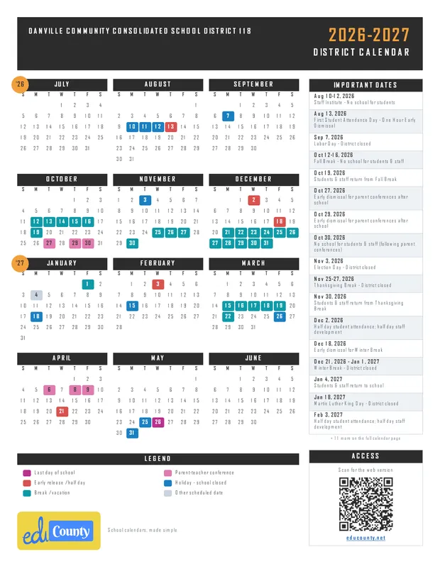 Danville Community Consolidated School District 118 printable 2026-27 calendar