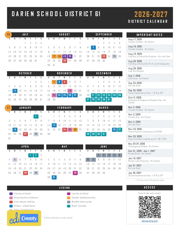 Darien School District 61 printable 2026-27 calendar