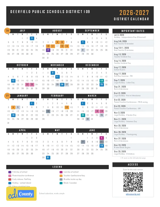 DEERFIELD PUBLIC SCHOOLS DISTRICT 109 printable 2026-27 calendar