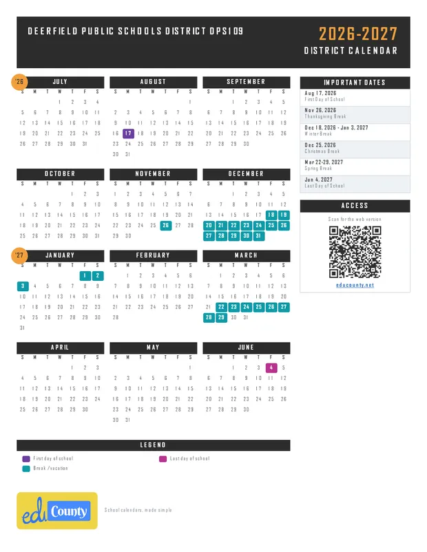Deerfield Public Schools District DPS109 printable 2026-27 calendar