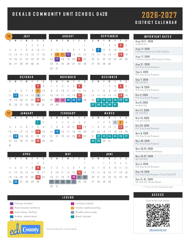 DeKalb Community Unit School D428 printable 2026-27 calendar