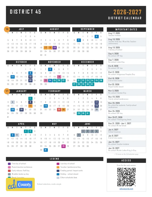 District 45 printable 2026-27 calendar