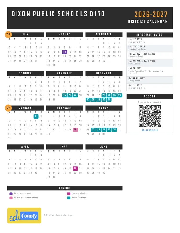 Dixon Public Schools D170 printable 2026-27 calendar