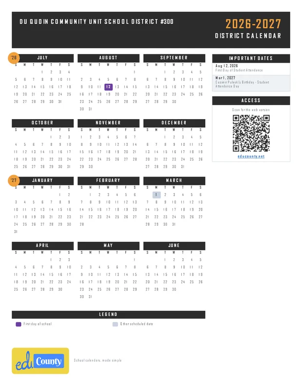 Du Quoin Community Unit School District #300 printable 2026-27 calendar