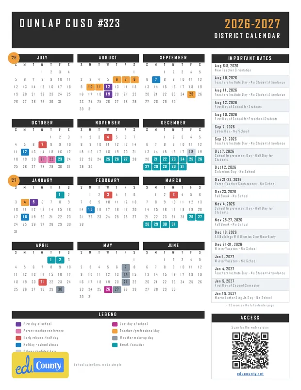 Dunlap CUSD #323 printable 2026-27 calendar