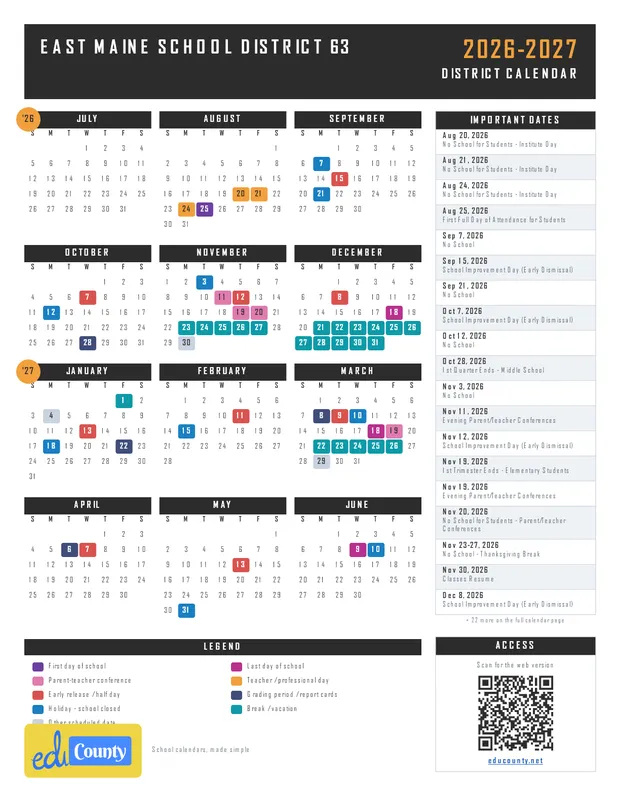 East Maine School District 63 printable 2026-27 calendar