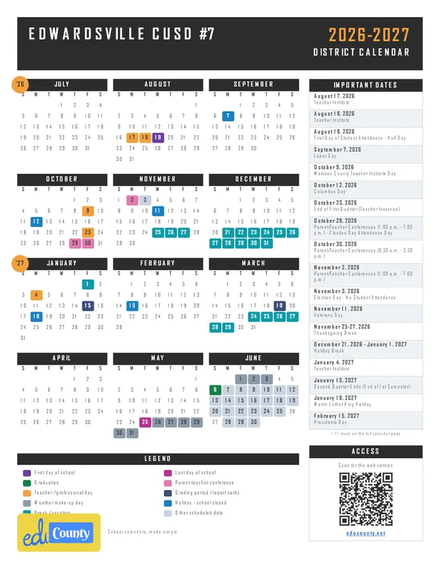 Edwardsville CUSD #7 printable 2026-27 calendar