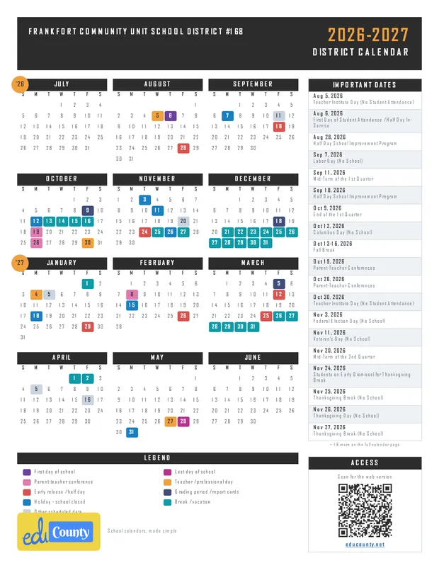 Frankfort Community Unit School District #168 printable 2026-27 calendar