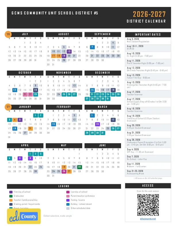 GCMS Community Unit School District #5 printable 2026-27 calendar